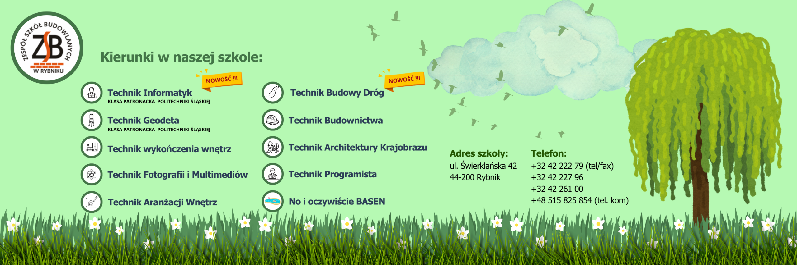 Zespół Szkół Budowlanych. Baner szkoły. Przedstawia kierunki kształcenia.